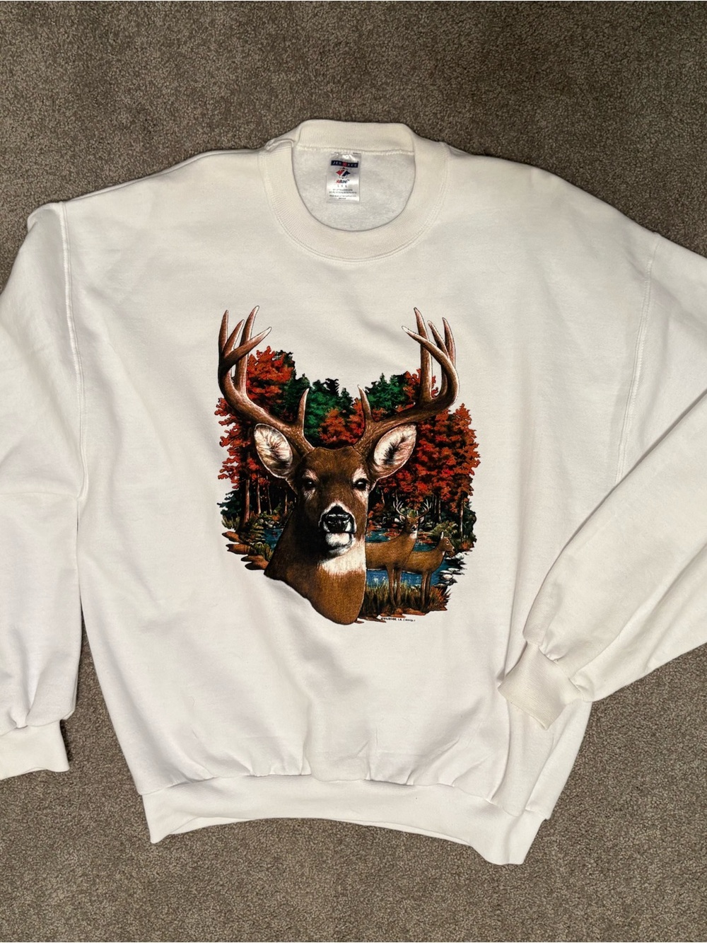 White Men’s Crewneck Sweatshirt with Deer Forest Graphic